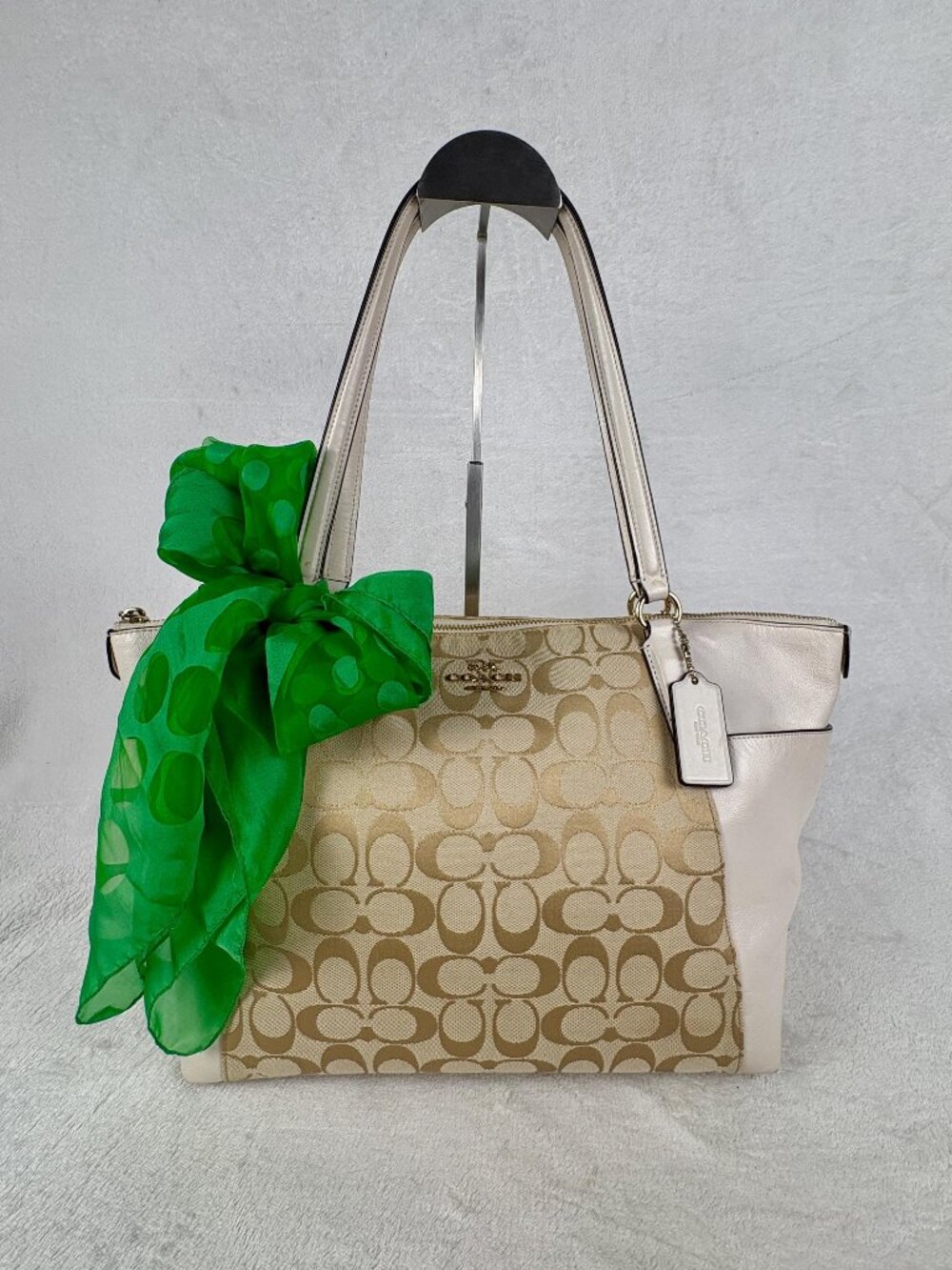 Coach Ava Tote in Khaki Signature Jacquard and Ivory Leather Sides with Scarf